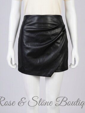 🖤Dynamite Black Faux Leather Ruched Asymmetric Mini Skirt XL